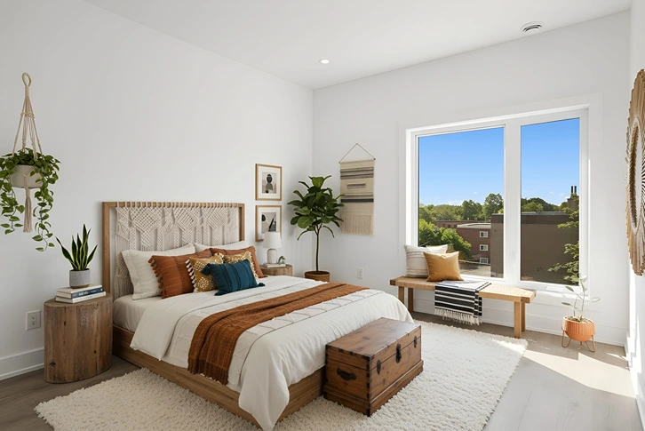 Staged bedroom in Bohemian style